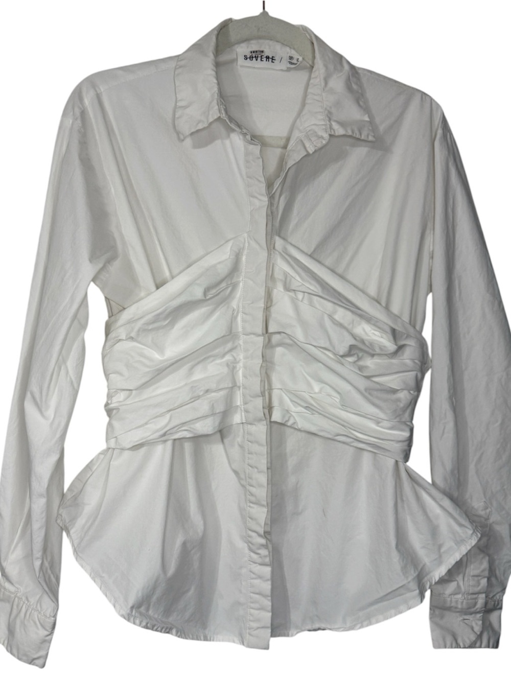 Sovere White Ruched Cotton Button-Up Top